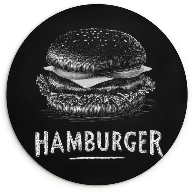WallCircle Wandcirkel 140x140 cm - Muurcirkel Hamburger - Krijttekst - Zwart - Wit - Muurdecoratie woonkamer - Wanddecoratie slaapkamer - Kamer decoratie accessoires - Ronde schilderijen