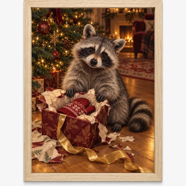 Joshimo Wasbeer Kerstposter | Alvast een Cadeau Uitpakken | Inclusief Lichtbruine A4 Lijst