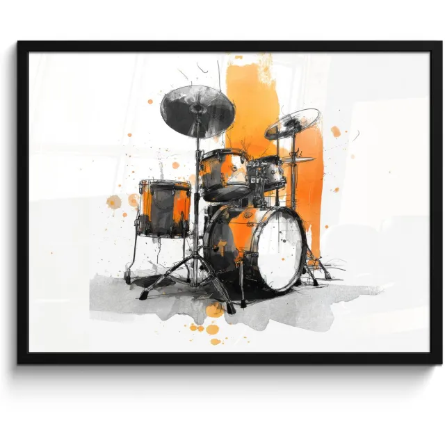 FrameYourWall Poster in lijst - Fotolijst 80x60 cm - Posters - Drumstel - Oranje - Zwart - Aquarelverf - Posterlijst zwart - Decoratie - Wanddecoratie woonkamer - Muurdecoratie slaapkamer