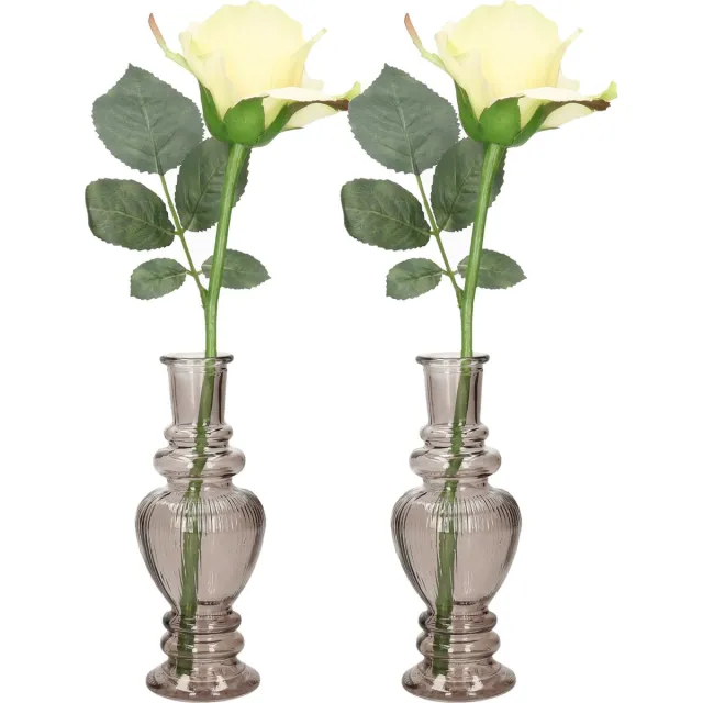 Ideas 4 Seasons Bloemenvaas Venice - 2x - voor kleine stelen/boeketten - gekleurd sierglas - ribbel grijs smoke - D5.7 x H15 cm