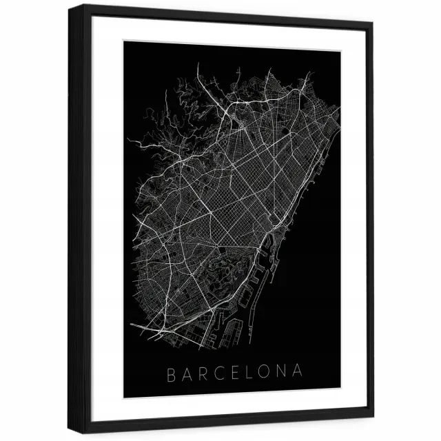 WALLARENA Schilderij met reliëf en passe-partout 100x70 cm - zwarte lijst - skyline van Barcelona - wanddecoratie voor woonkamer en slaapkamer