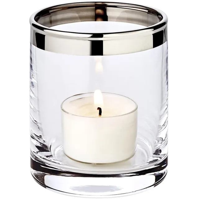 Famanu Windlicht van handgeblazen glas met platina rand, hoogte 8 cm en diameter 7 cm, geschikt voor theelichtjes of maxi theelichtjes. Een veelzijdige en handige keuze voor dagelijks gebruik in en om het huis. Zwart