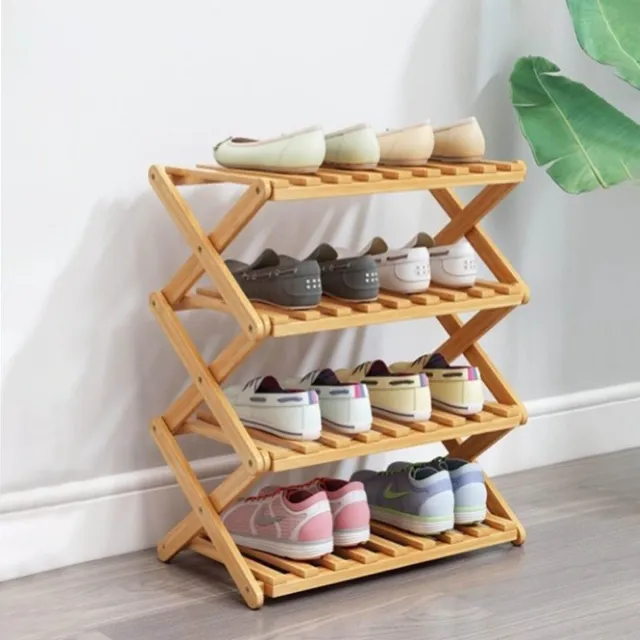 Famanu Bamboe schoenenrek met 4 niveaus, draagbaar opbergrek voor opvouwbare schoenen, zonder installatie, ideaal voor gangen en slaapkamers Naturel