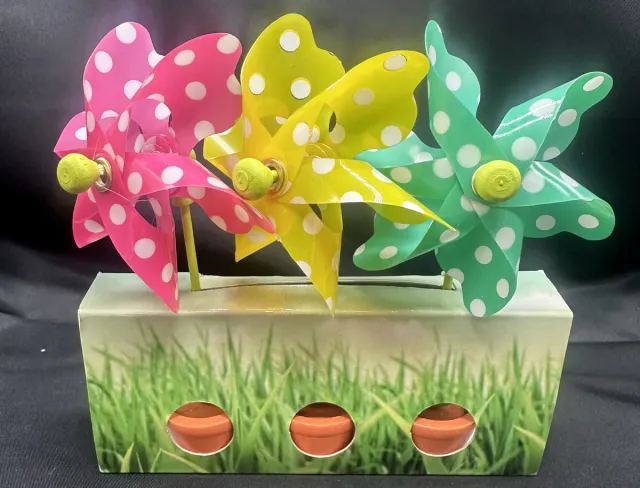 Impuls Set van 3 decoratieve windmolentjes in pot - kunststof+houten steker " Roze/Geel/Groen met witte stipjes"- meerkleurig + oranje potjes- dia 9 cm x hoogte 16 cm - Tuinaccessoires - tuinstekers Meerkleurig - uni + stipjes