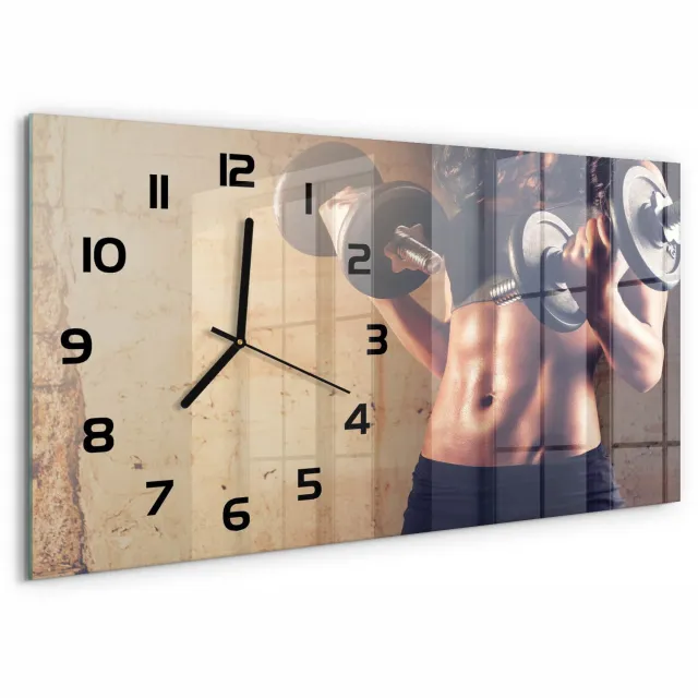 TULUP Wandklok - Bakstenen muur Glazen Wandklok Design - 60x30 cm - Beige Klok Glas Met Opdruk - Zwarte handen - Rechthoekige Klok - Wandklok Glas Met Motief - Decoratieve Glazen Klok