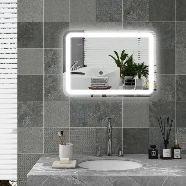 HAUSS SPOLE Badkamerspiegel Ledverlichting – 50 x 70 cm – Gehard Glas – Zilver – Drie Lichtkleuren en Aanraakbediening – Anticondens en IP44