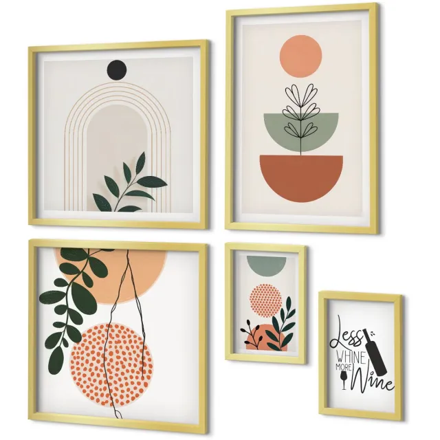 Coloray 5-Delige Schilderij Set - Stijlvolle Decoraties Met Plantmotieven En Slogans - 50 x 50 cm, 20 x 30 cm En 40 x 60 cm - Wanddecoratie - Moderne Interieurdecoratie Gouden lijst