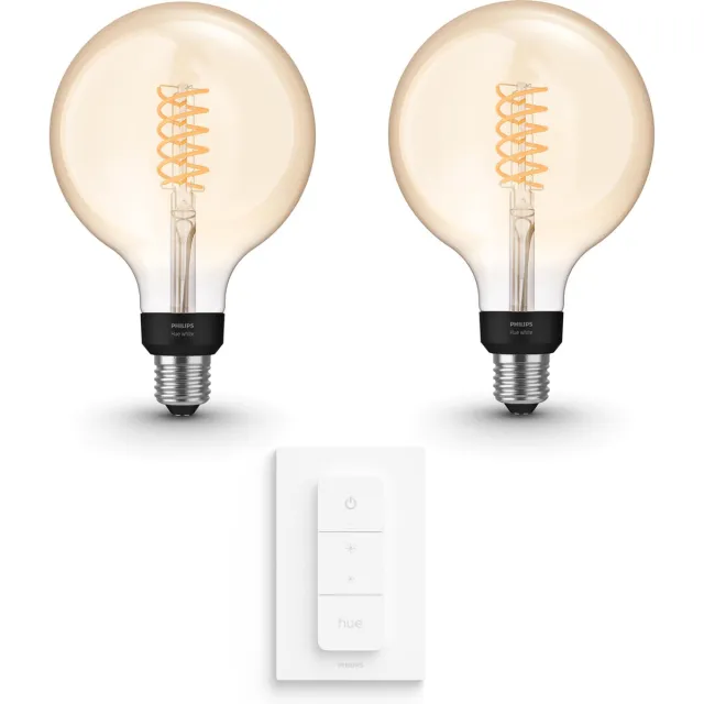 Philips Hue Uitbreidingspakket - E27 - met 2 Filament Globelampen Groot (G125) - Warmwit Licht - Incl. 1 Hue Dimmer Switch - Hue White Filament