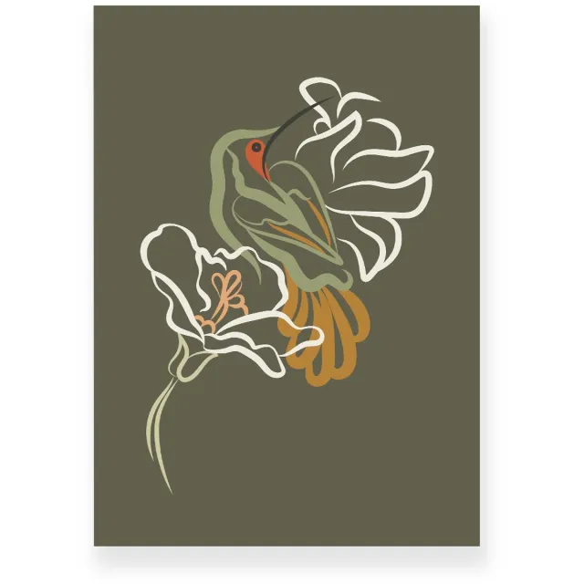 Yisual Aluminium plaat 20x30 cm - Poster - Kolibrie - Vogel - Bloemen - Groen - Bruin - Minimalistisch - Botanisch - Muurdecoratie - Wanddecoratie