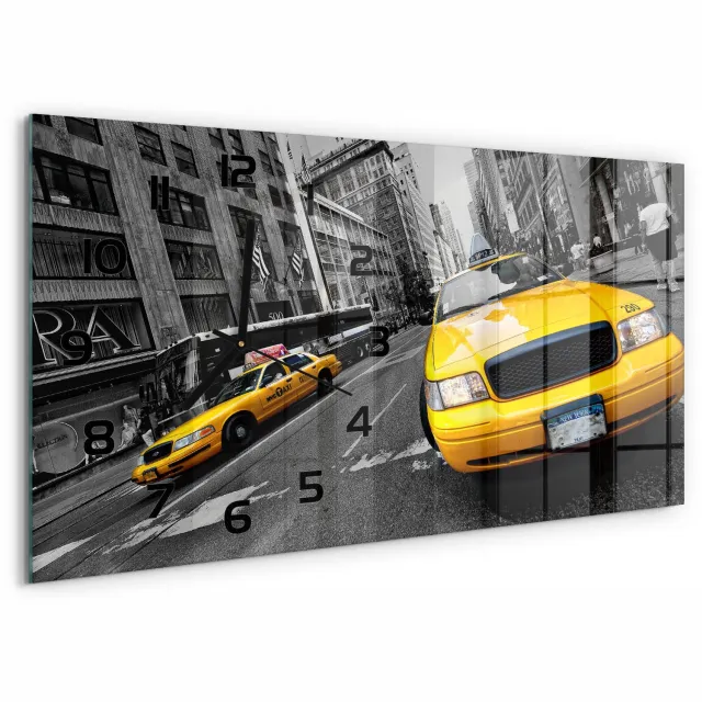 TULUP Wandklok - Taxi in New York Moderne Wandklok Glas - 60x30 cm - Geel Wandklok Glas Decoratie - Zwarte handen - Rechthoekige Klok - Glazen Wandklok Design - Klok Glas Met Opdruk