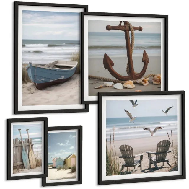 Coloray 5-Delige Schilderij Set - Sfeer Aan Zee, Ontspanning Aan Zee En Strand - 50 x 50 cm, 20 x 30 cm En 40 x 60 cm - Stijlvolle Wanddecoratie - Interieur - Decoratieve Schilderijen Zwarte lijst