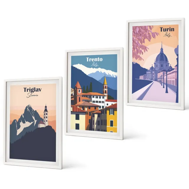Coloray 3-Delige Schilderij Set - Bergen En Architectuur, Retro, Kleurrijke Illustraties - 40 x 60 - Wanddecoratie - Muurdecoratie - Moderne Interieurdecoratie - Decoratieve Schilderijen Witte lijst
