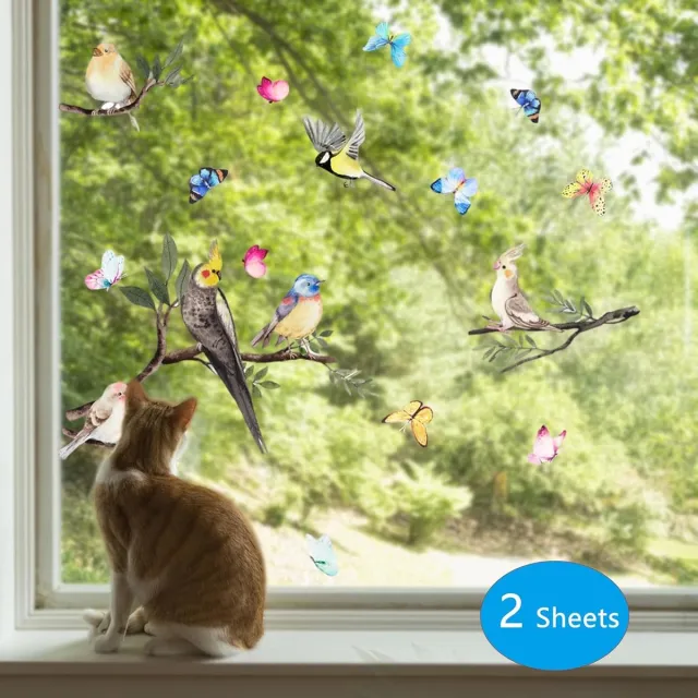 Cyslmuk Raamstickers met 2 vellen vogels, dubbelzijdige anti-botsingsstickers met vogels, vlinders en een lentemotief, zelfklevende raamstickers voor glas, muren en deuren| Cyslmuk® 2 vellen 27*30cm