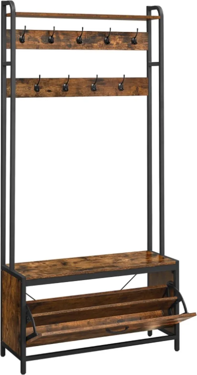 MAZAZU MIRA Home Kapstok met Bank en Schoenenkast - Garderobe 9 Haken - Bruin Zwart - 85x30x180 cm