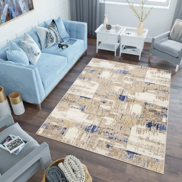 Tapiso Asthane Vloerkleed Beige Abstract Slaapkamer Woonkamer Tapijt Beige Bruin Blauw2