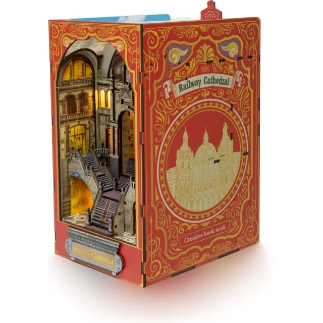 Kitcreatives Bouwpakket Boekensteun Booknook Railway Cathedral met licht sensor- MDF Bruin