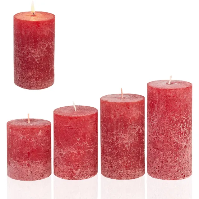 Candelo 4-delige set rustieke kaarsen Ambiente Kerst – adventskranskaars rustiek – rood / red – 8/10/12/14 cm – rode stompkaars advent kerstkaars Rot
