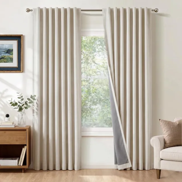 Famanu 100% verduisterende gordijnen set van 2 stuks, linnenlook thermische gordijnen, ondoorzichtig en koudewerend, crème kleur, H 245 x B 140 cm, ideaal voor het verbeteren van energie-efficiëntie en privacy