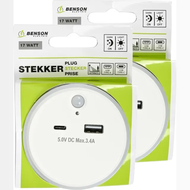 Benson LED nachtlampje - 2x - draadloos - met USB A en C - warm wit - dag/nacht + PIR sensor