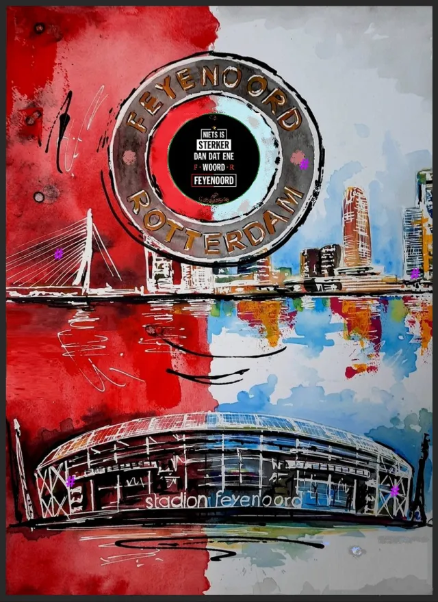 Feyenoord Erasmusbrug Skyline "Niets is sterker dan dat ene woord " Metalen Wandbord 20x30 cm, Wandbord mancave - Kroeg decoratie - Tekstbord - Metalen wandbord - Metalen wanddecoratie Blauw