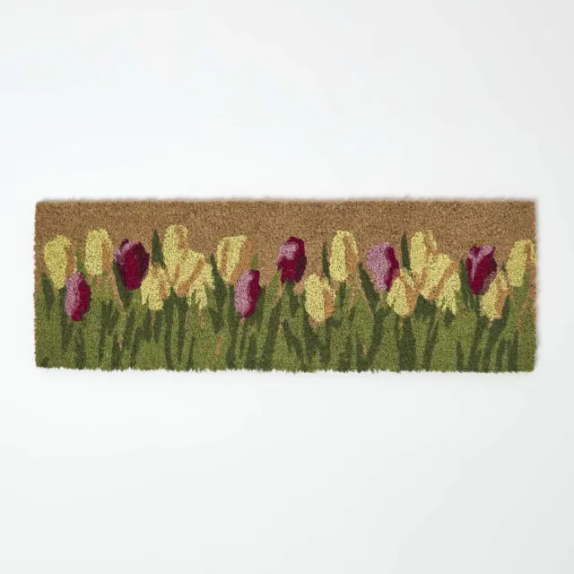 Homescapes Antislip Kokos Deurmat met Tulpenmotief, 25 x 75 cm Veelkleurig