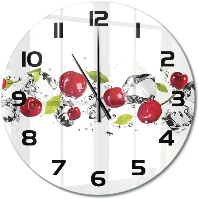 TULUP Wandklok - Kersen en water Decoratieve Glazen Klok - fi60 cm - Rood Glazen Wandklok Design - Zwarte handen - Ronde Klok - Glazen Klok Met Print - Wandklok Glas Met Motief