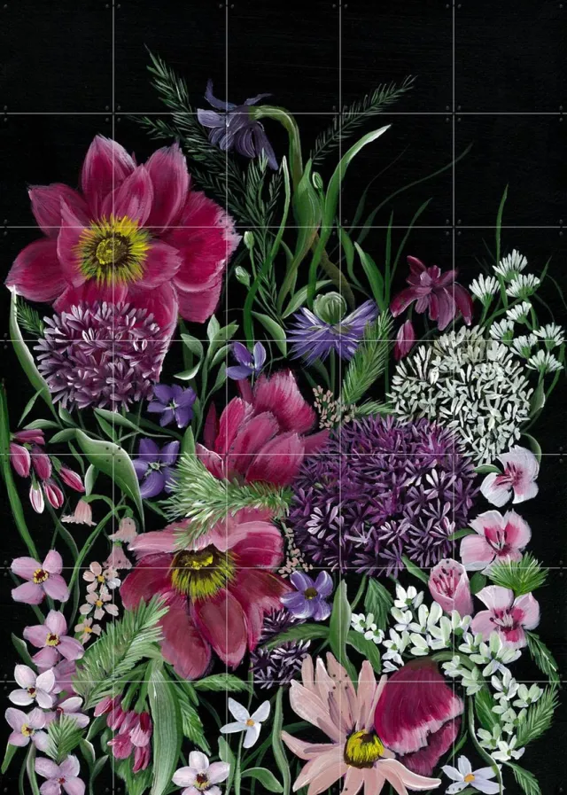 IXXI Black Bloom, Lens en penseel door Myrte - 100 x 140 cm - Grote wanddecoratie en posters - Kleurrijk, Naturalisme, Schilderijen, Slaapkamer Roze