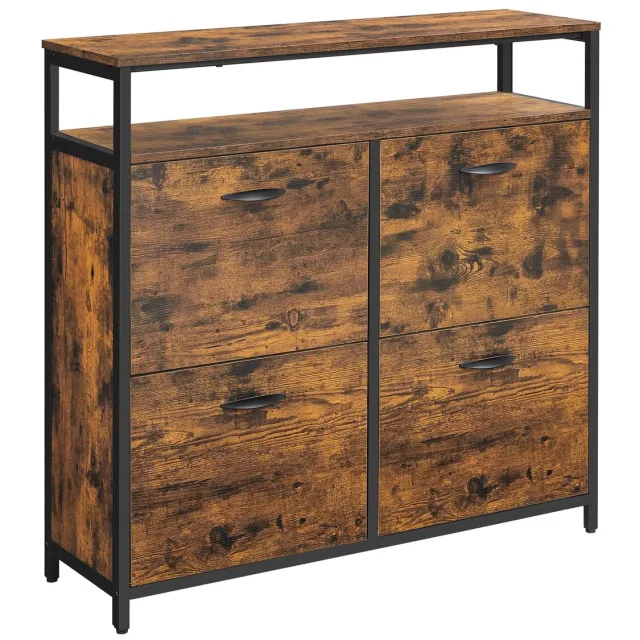 Velmio Schoenenkast - Schoenenrek met 4 kleppen - Voor 12-20 Paar Schoenen - Schoenenrek hout - 98x30x95cm - Bruin/Zwart Hout/Zwart
