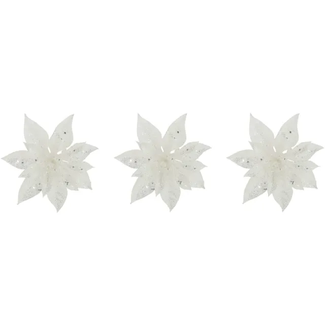 Cosy & Trendy Decoratie bloem - 4x stuks - kerstster - op clip - wit - glitter -15 cm - kunststof - kerstversiering