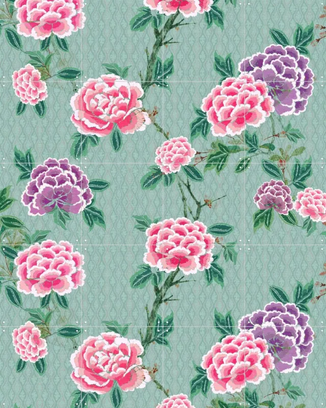 IXXI Chinoiserie Peonie Florals, Bloomery Decor - 80 x 100 cm - Grote wanddecoratie en posters - Illustraties, Kleurrijk, Vintage, Aquarel Roze