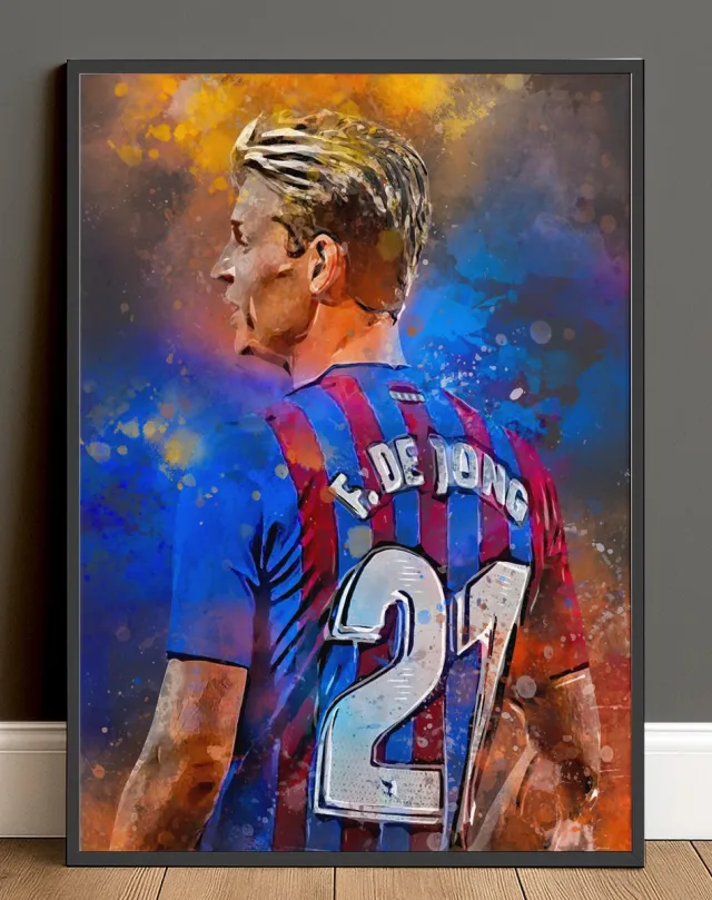 Wallofprints Frenkie de Jong Poster - FC Barcelona - Voetbal Muurdecoratie In Waterverf Stijl - Voetbal Wanddecoratie - A0 Formaat (84.1 x 118.9 cm) Donkergrijze achtergrondkleur