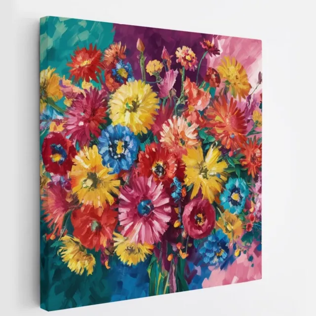 Saammp Canvas Schilderij - Kleurrijk Bloemenboeket - Natuur - Abstract - 60x60 - Foto op canvas - Wanddecoratie - Muurdecoratie Woonkamer - Kantoor Decoratie Multicolor