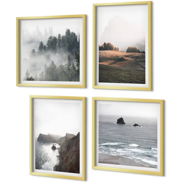 Coloray 4-Delige Schilderij Set - Berg- en zeelandschappen met wolken en bossen - 40 x 40 cm en 40 x 60 cm - Muurdecoratie - Wanddecoratie - Hal - Stijlvolle Muurdecoratie Gouden lijst