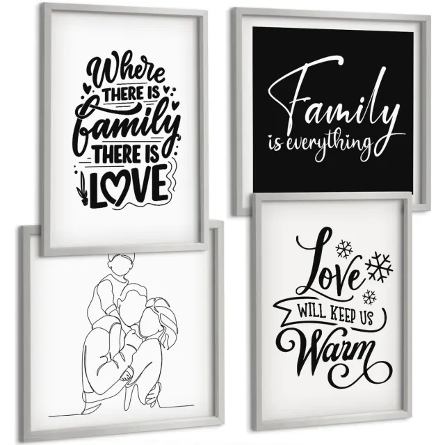 TULUP 4-Delige Schilderij Set - Familie, liefde, warmte, thuis, inspirerende citaten - 40 x 40 cm en 40 x 60 cm - Wanddecoratie - Moderne Interieurdecoratie - Muurdecoratie Zilveren lijst