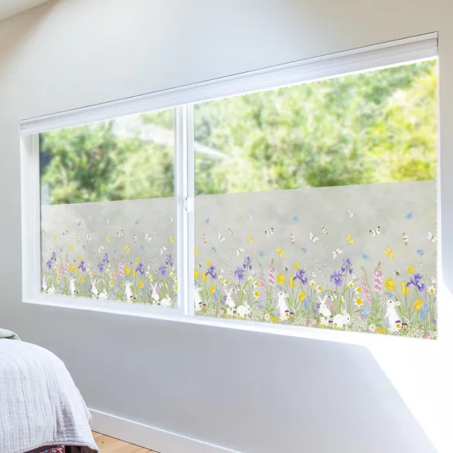 Imperatoris Zelfklevende Raamfolie – Matglas Raamfolie / Inkijkwerende Privacyfolie – Voor Ramen en Glazen Deuren – Screenprotector – Eenvoudig Aan te Brengen – 43x200 cm 43 X 200 Cm Rabbit, Butterflies, Flowers