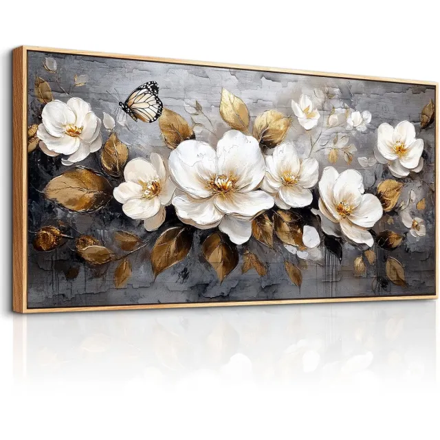 My Ninki ® Moderne Gouden Bloemen Kunstwerk Met Houten Lijst Voor Diverse Kamers, 50 x 100 cm, Esthetische Wanddecoratie wit