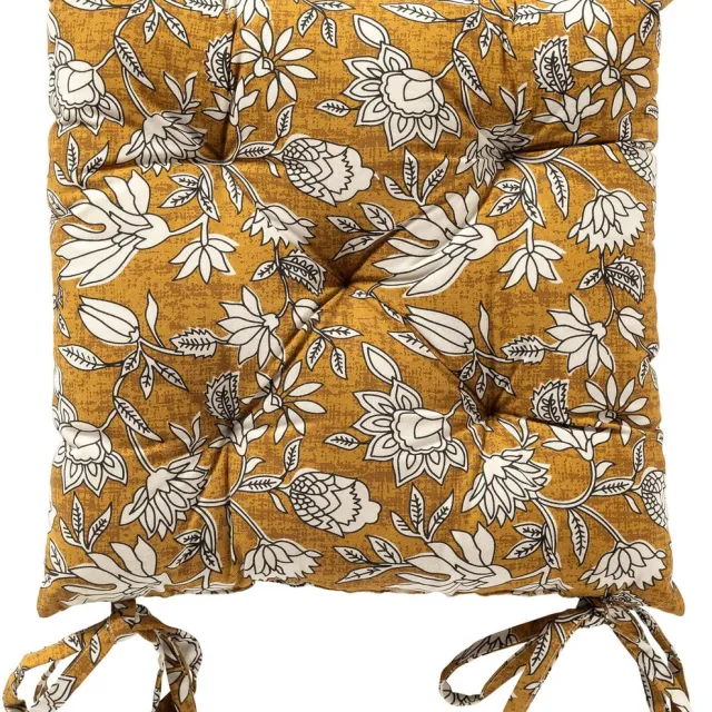 Dutch Decor JUDITH - stoelkussen 40x40 cm - bloemenmotief - met striklinten - Chai Tea - geel - Zitkussen Mosterd