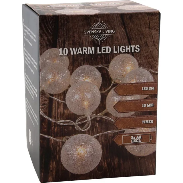 Svenska Living Lichtsnoer - met 10 witte glitter bolletjes - D5 cm - warm wit - op batterij - 135 cm - kerstverlichting