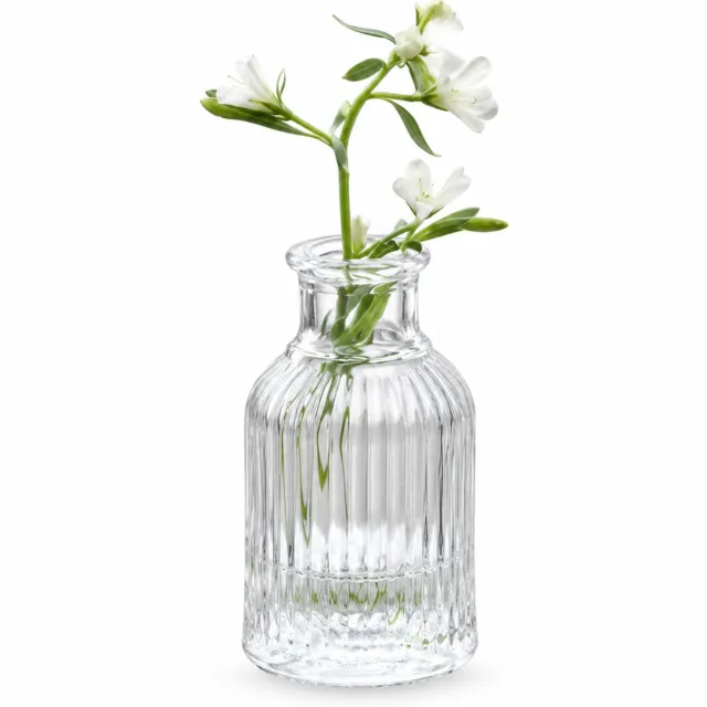 SWGOTA Retro glazen vaas met verticaal ribbelreliëf, transparant, smalle hals en ronde opening, voor kunstbloemen, in kartonnen doos