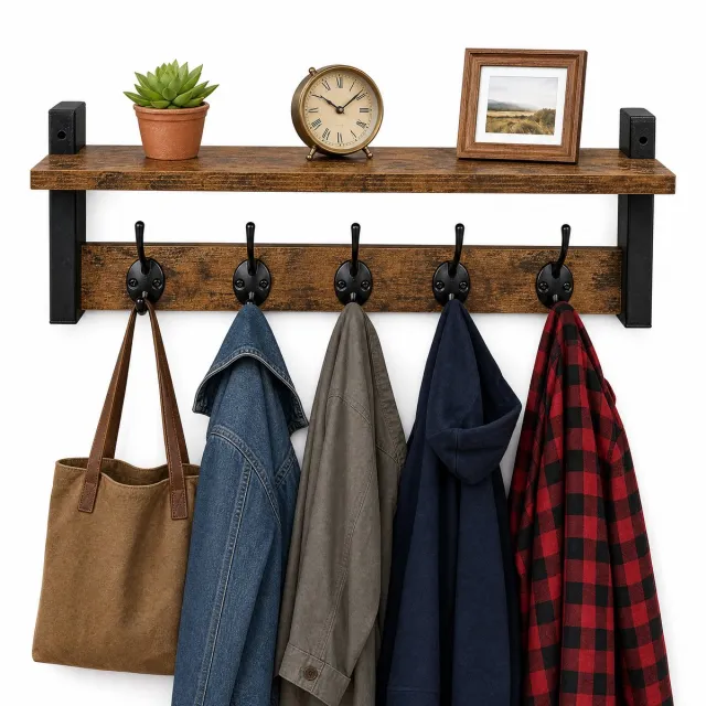 Luft Wand kapstok met plank - 10 haken - Hangend - Kapstokken - Kleer - Kleding - Hangers - Vintage - Muur - Industrieel - Hout - Garde robe - Zwart - Luft Bruin