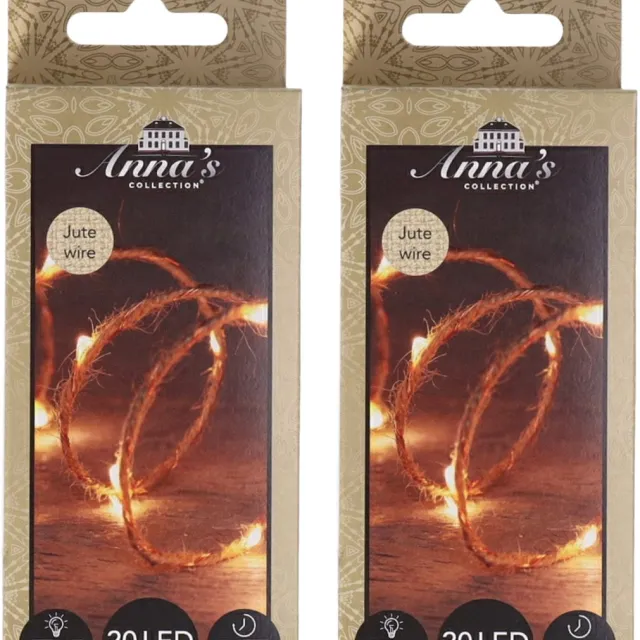 Anna's Collection Anna Collection Touwverlichting - 2x - jute - met 20 lampjes - warm wit - 100 cm - timer