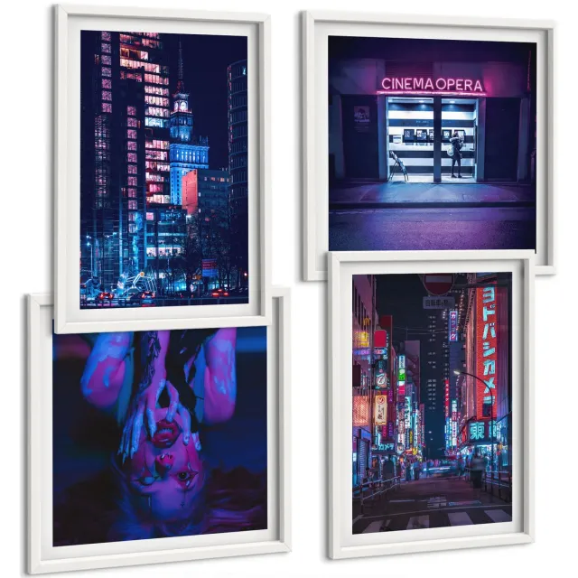TULUP 4-Delige Schilderij Set - Nachtstad met neonlichten en bioscoopingang - 40x40 en 40x60 - Moderne Wanddecoratie - Slaapkamer - Decoratieve Schilderijen Witte lijst
