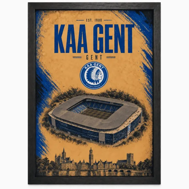 Joshimo KAA Gent Poster | Stadion & Skyline Gent | Inclusief Zwarte A3 Lijst Blauw