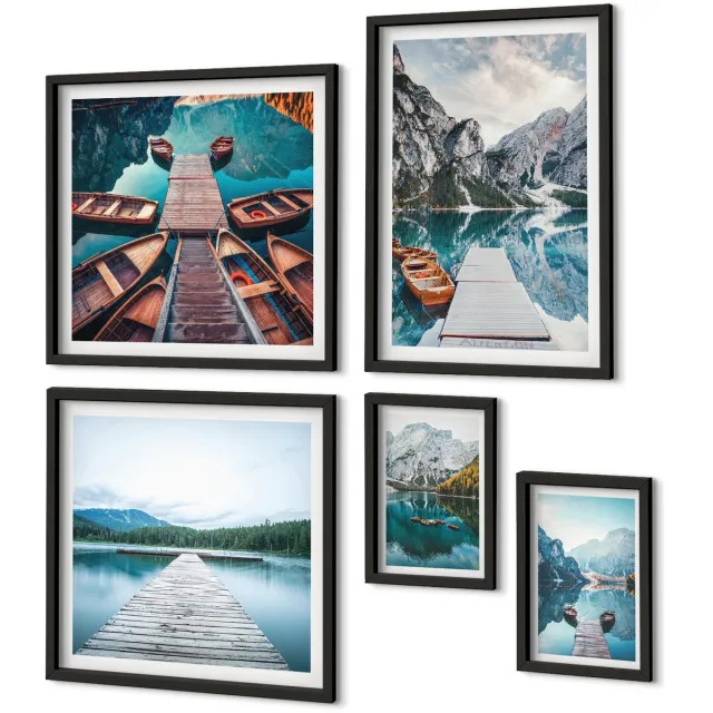 Coloray 5-Delige Schilderij Set - Berglandschappen Met Waterpaden En Boten - 50 x 50 cm, 20 x 30 cm En 40 x 60 cm - Muurdecoratie - Wanddecoratie - Hal - Woonkamer Decoratie Zwarte lijst