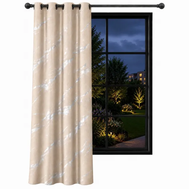NOW-ART Veloursgordijn - 140 x 250 cm - Beige met zilverkleurige details - Met ringen Beige;Zilver