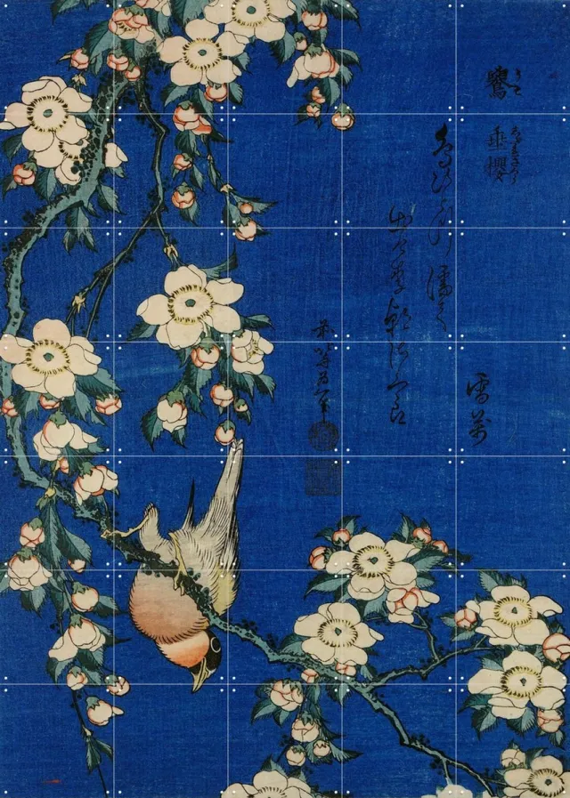 IXXI Birds Flowers Bullfinch, Katsushika Hokusai & British Museum - 100 x 140 cm - Grote wanddecoratie en posters - Ukiyo-e, Klassiek, Kleurrijk Blauw