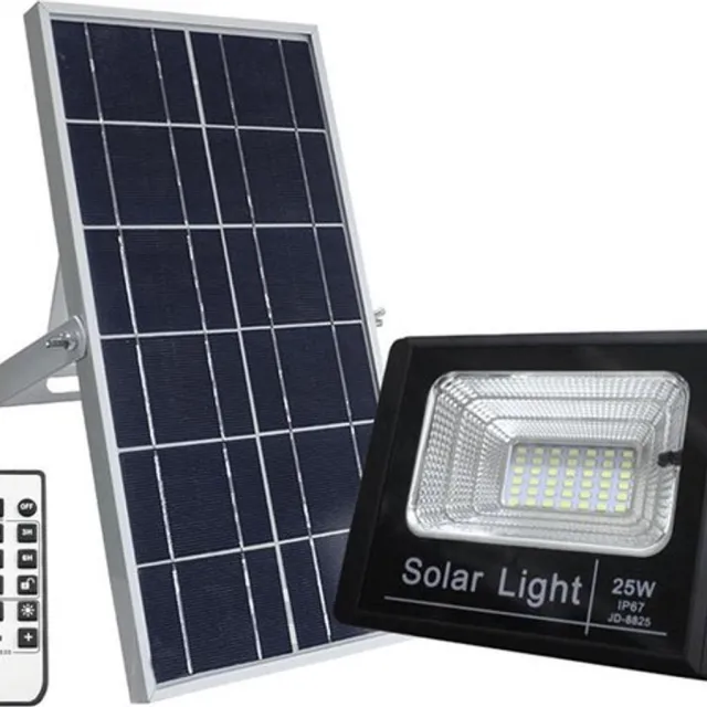 RexTech Solar wandlamp buiten 'Capital I' - Floodlight - Koud wit licht (6500K) - 1000 lumen - Met afstandsbediening - IP66 - Schijnwerper met los zonnepaneel - Tuinverlichting op zonne-energie Zwart