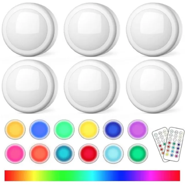 GelldG 6 Stuks Nachtlampjes - LED Veilleuse RGB 13 Kleuren Draadloos - 15LM - Geschikt voor Kast, Trap en Speelkamer - Kunststof - 67x67x29mm - Incl. 2 Afstandsbedieningen en Synchronisatiefunctie Wit