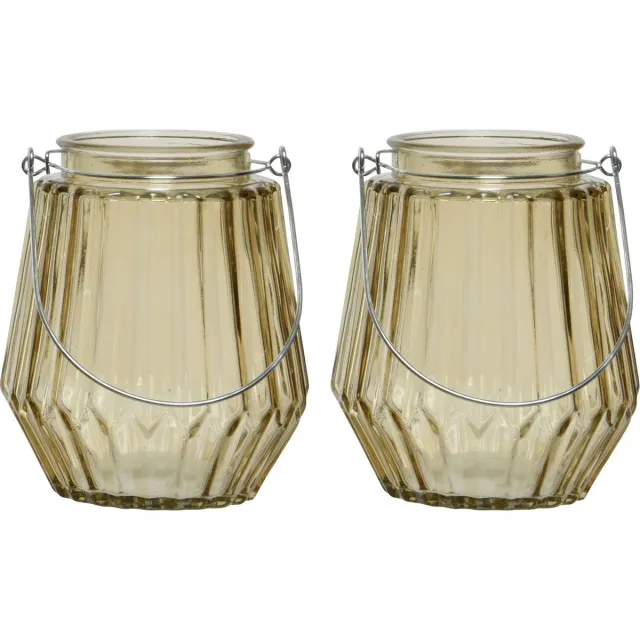 Decoris 2x stuks theelichthouders/waxinelichthouders streepjes glas taupe met metalen handvat 11 x 13 cm - Windlichtjes/kaarsenhouders