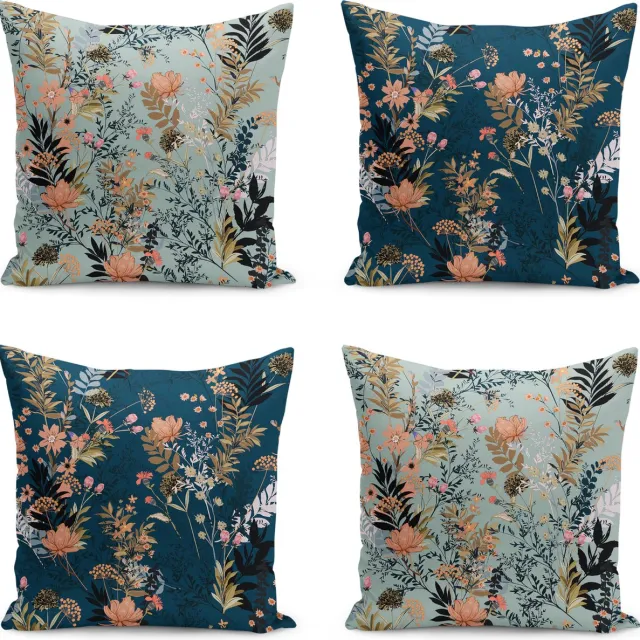 De Groen Home Kussensloop - kussenhoes - Sierkussenhoes - hoes voor sierkussens - Velvet set van 4 - 45x45 - Bloemen op donkerblauw & lichtblauw - Fluweelzachte